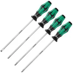 Wera 335/350/355/4 Kraftform Plus LaserTip Long Screwdriver 200mm Set 4 Piece SL/PH/PZ